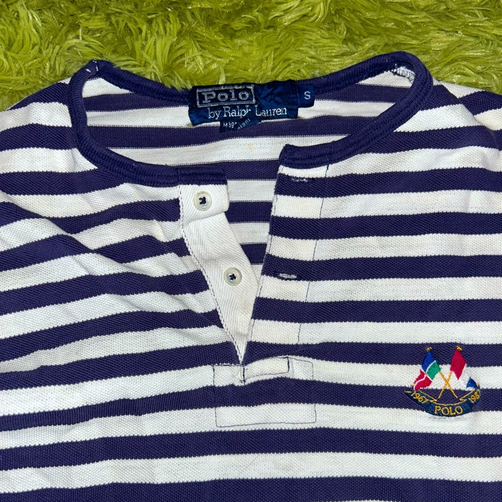 Polo by Ralph Lauren mens Striped Purple and White Shirt, cross flag, vintage